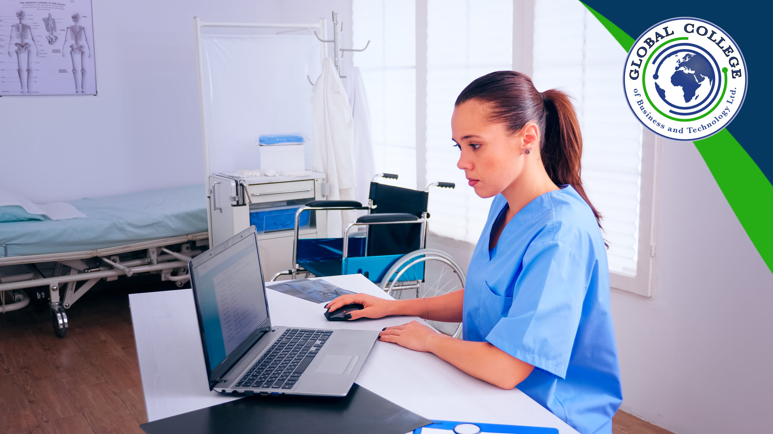 Nurse analysing list of patients on laptop, therapist typing on computer consult patient online. Medical physician in medicine uniform writing list of consulted, diagnosed patients, making research.